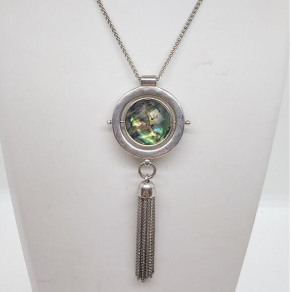 Vintage Abalone Mother of Pearl Reversible Pendant Necklace Silver Tone Tassel - Picture 1 of 10